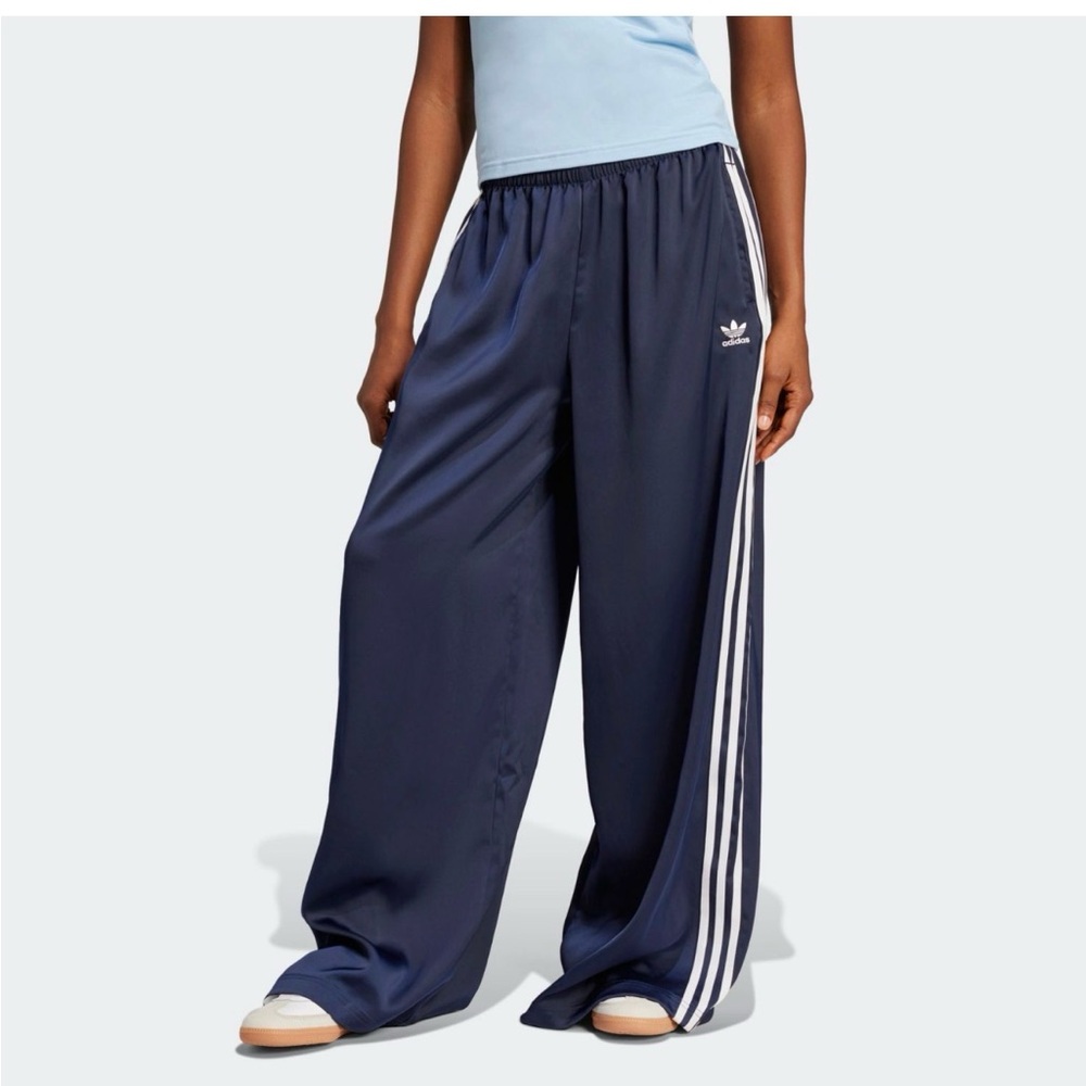 Adidas Dark Blue Satin Track Pants with White Accents